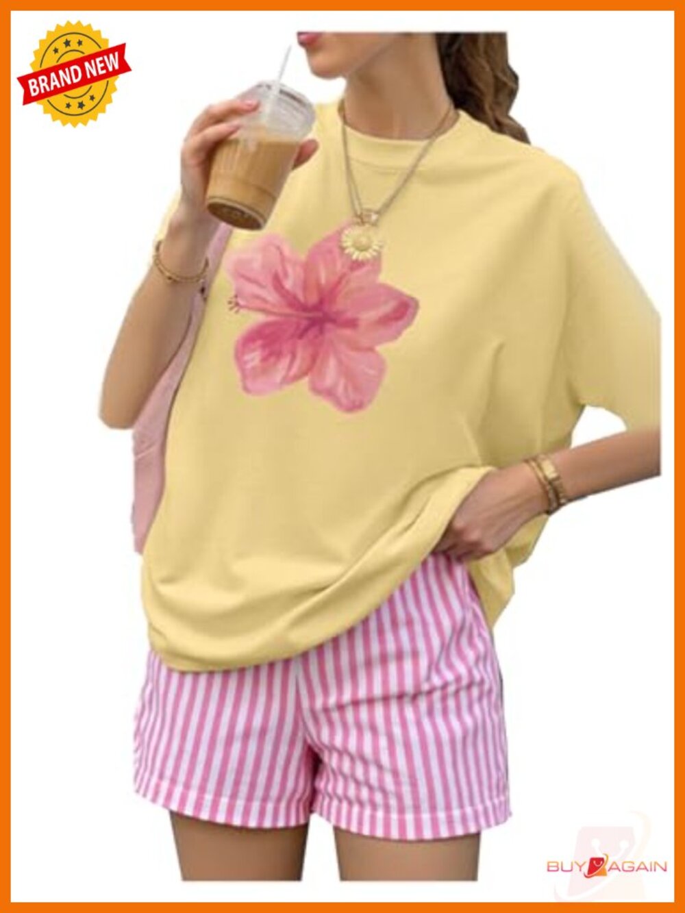 Two Piece Set Floral Tshirt Striped Shorts Summer Lounge Vacation